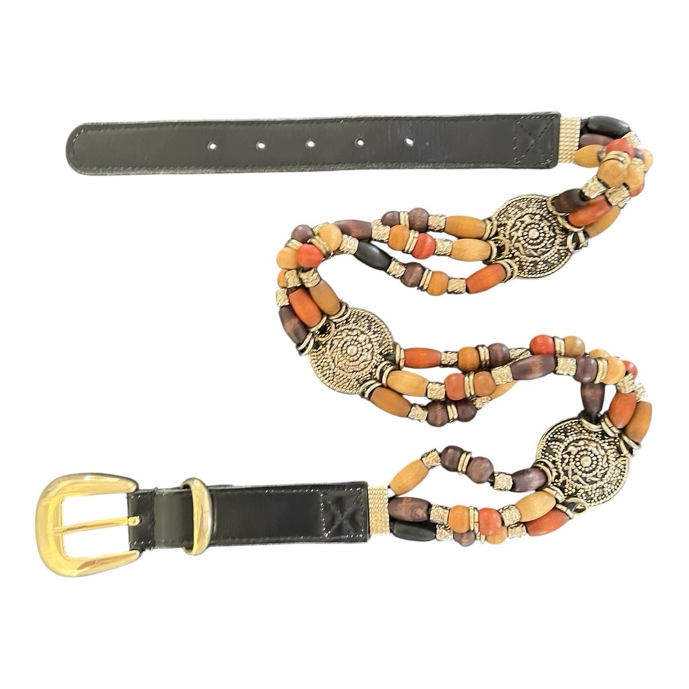 Vintage leather beaded belt boho mixed metal Medium 32”waist adjustable